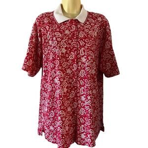 Koret Francisca XL Red & White Paisley Print Knit Blouse Vintage Button Front